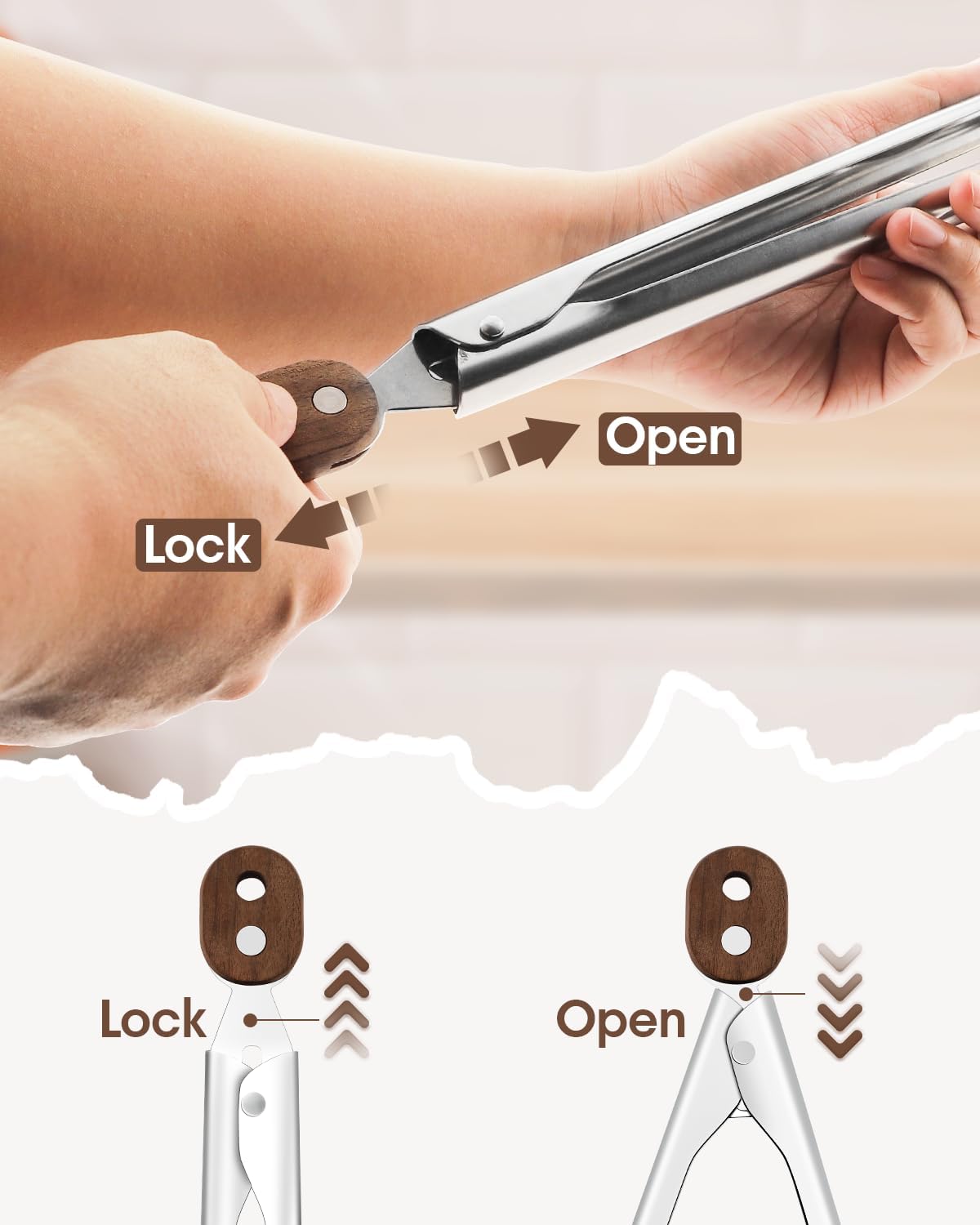 Wooden Tongs for Cooking, 2-Piece 10 & 13 Inch Kitchen Tongs Set with Locking Mechanism, Stainless Steel with Walnut Wood Tips for BBQ, Salad, Serving Utensils — Essential Kitchen & Home Gadget Set