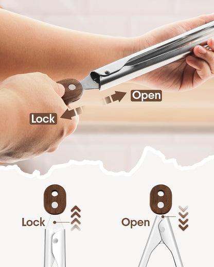 Wooden Tongs for Cooking, 2-Piece 10 & 13 Inch Kitchen Tongs Set with Locking Mechanism, Stainless Steel with Walnut Wood Tips for BBQ, Salad, Serving Utensils — Essential Kitchen & Home Gadget Set