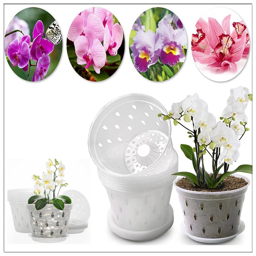 4Pack Orchid Pots,6.67 Inches Breathable Slotted Orchid Planters, Orchid Pots with Holes and Saucers, Plastic Flower Plant Pots Indoor and Outdoor, Breathable Flower Pot Home Decor Nursery Pots