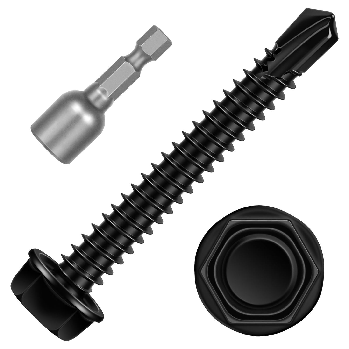 #14 x 3 Hex Washer Head Self Tapping Screws, TEK Screws, Self Drilling, Stainless Steel 410 Sheet Metal Screws, Black Finish, 25 PCS