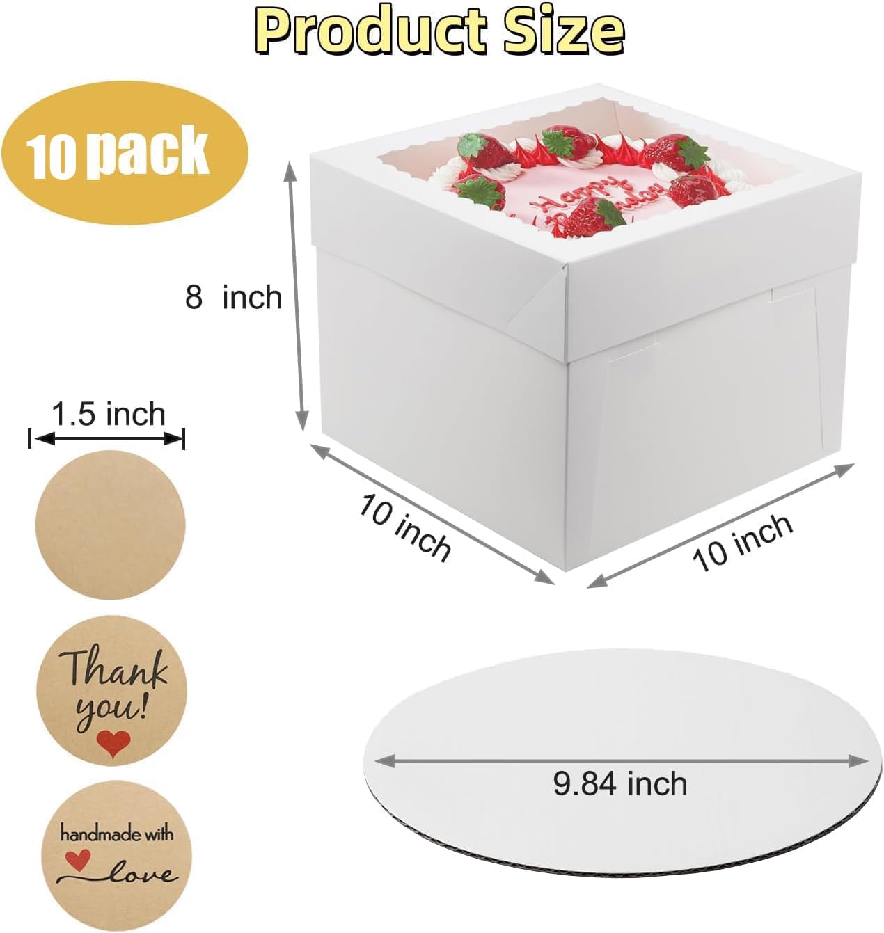 10 Pack Cake Boxes, 10x10x8 Inches Tall Cake Box with Boards, White Bakery Boxes with Window, Disposable Cake Containers for Cake, Donuts, Pies, Cookies, Wedding, Birthday, Party (White - 10 Pack)