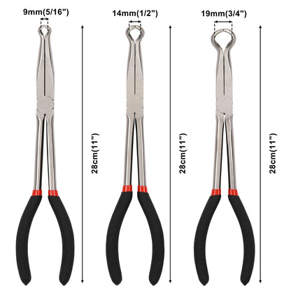 CASOMAN 3Pcs 11" Hose Gripper Plier Set, Black & Red, 5/16-Inch, 1/2-Inch, 3/4-Inch Dia, Offset Spark Plug Boot Removal Pliers Serrated Jaws for Hard to Reach Narrow Spaces