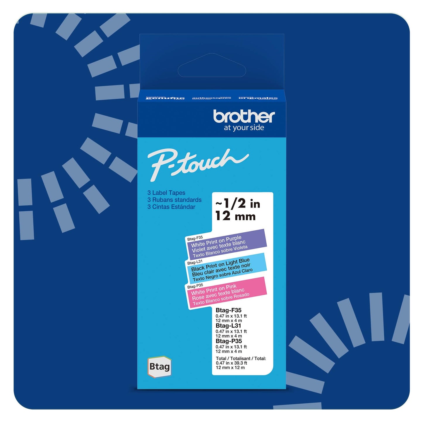 Brother p-Touch 12mm Label Maker Tape Genuine Btag- 3M02 P-Touch Label Tape for P-Touch PT-N10, PT-N20 and PT-N25BT, Btag Series, Non-Laminated, Pink and Blue