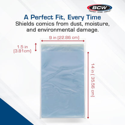 BCW Resealable Graded Comic Book Bags - Pack of 100 | Crystal Clear Polypropylene Sleeves for CGC and CBCS Slabs | Acid-Free, Archival Quality Resealable Comic Book Protectors - 9x14