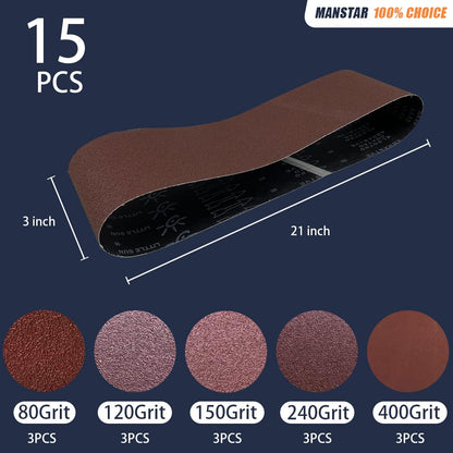 15 Pcs 3 x 21 Inch Assorted Aluminum Oxide Sanding Belt,80/120/150/240/400 Grit