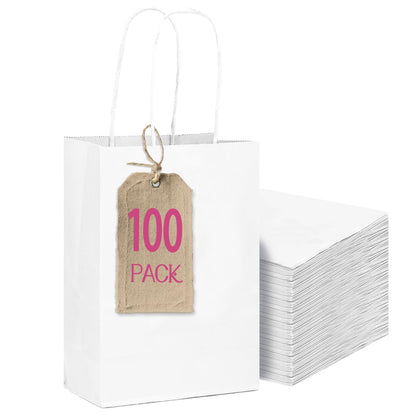qiqee 100-Packs White Gift Bags with Handles Bulk 4.5"x2.5"x6" Mini Size Party Paper Bags