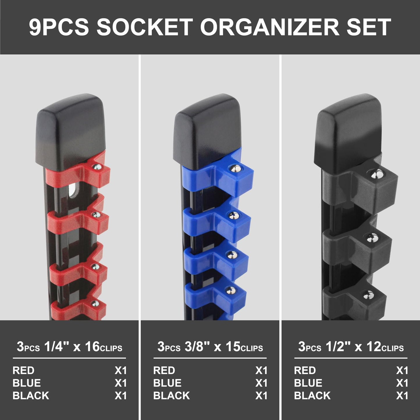 Socket Organizer Set, Metric SAE Socket Holders with Spring Ball Bearings Fits 1/4", 3/8", 1/2" Drive Sockets, Secure Holding Portable Socket Retention Home Workshop Tool Storage Organizer, 9 PCS