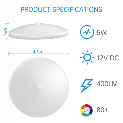 5CCT LED RV Dome Ceiling Lights, On/Off Switch, DC 12V Surface Mount Interior Puck Light for Slim Motorhome, Trailer, Boat, Camper Lighting, 5W, 2700K/3000K/3500K/4000K/5000K, 4.5 Inch, 6 Pack