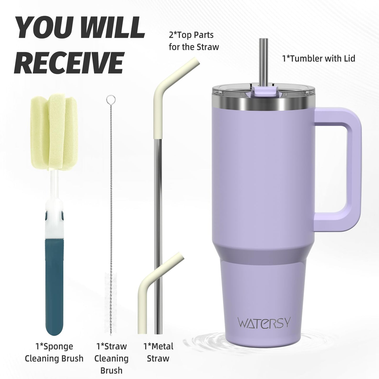 WATERSY 40 oz Tumbler with Handle,Tumbler with Lid and Straw,Double Wall Insulated Cup Stainless Steel Travel Mug(Cold for 34 Hours),Water Bottle for Iced Tea,Coffee,Cold Beverages(Purple)