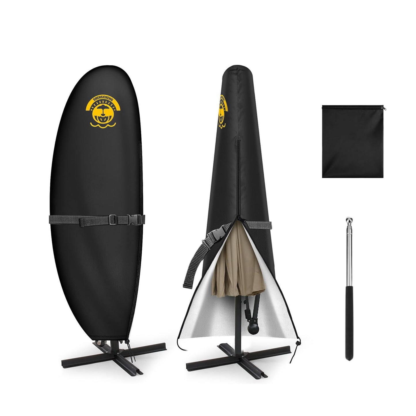 SHENGCHENG Patio Umbrella Covers Waterproof Outdoor Offset Banana Style Umbrella Cover with Rod - 420D Waterproof & Heavy Duty UV-Resistant Cover for 9-13ft Outdoor Umbrella with Support Pole SC003