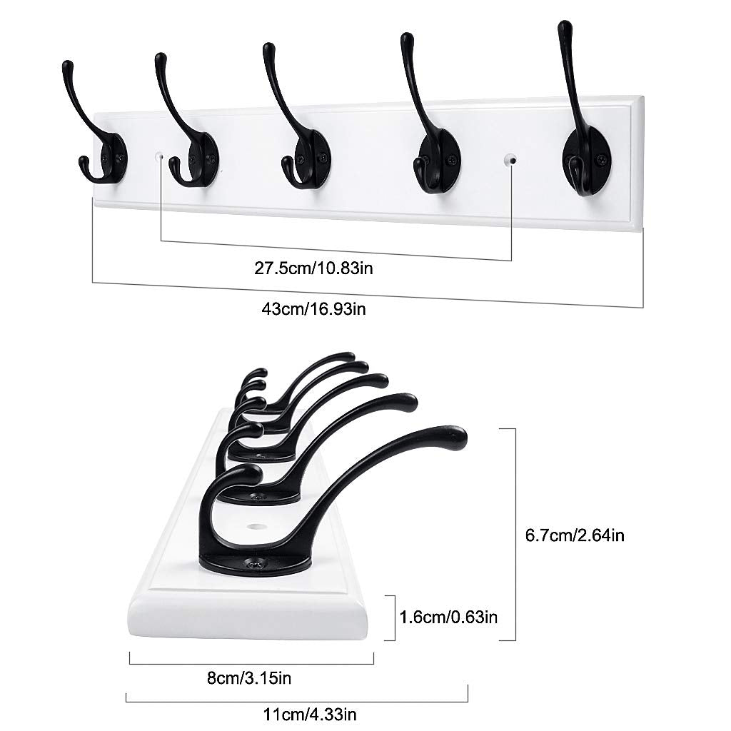 RUTAI Wall Mounted Coat Rack,Bamboo 17 inch Wall Hanging Shelf with 5 Black Dual Hooks for Hallway,Bathroom,Living Room,Bedroom,2 Pack,White