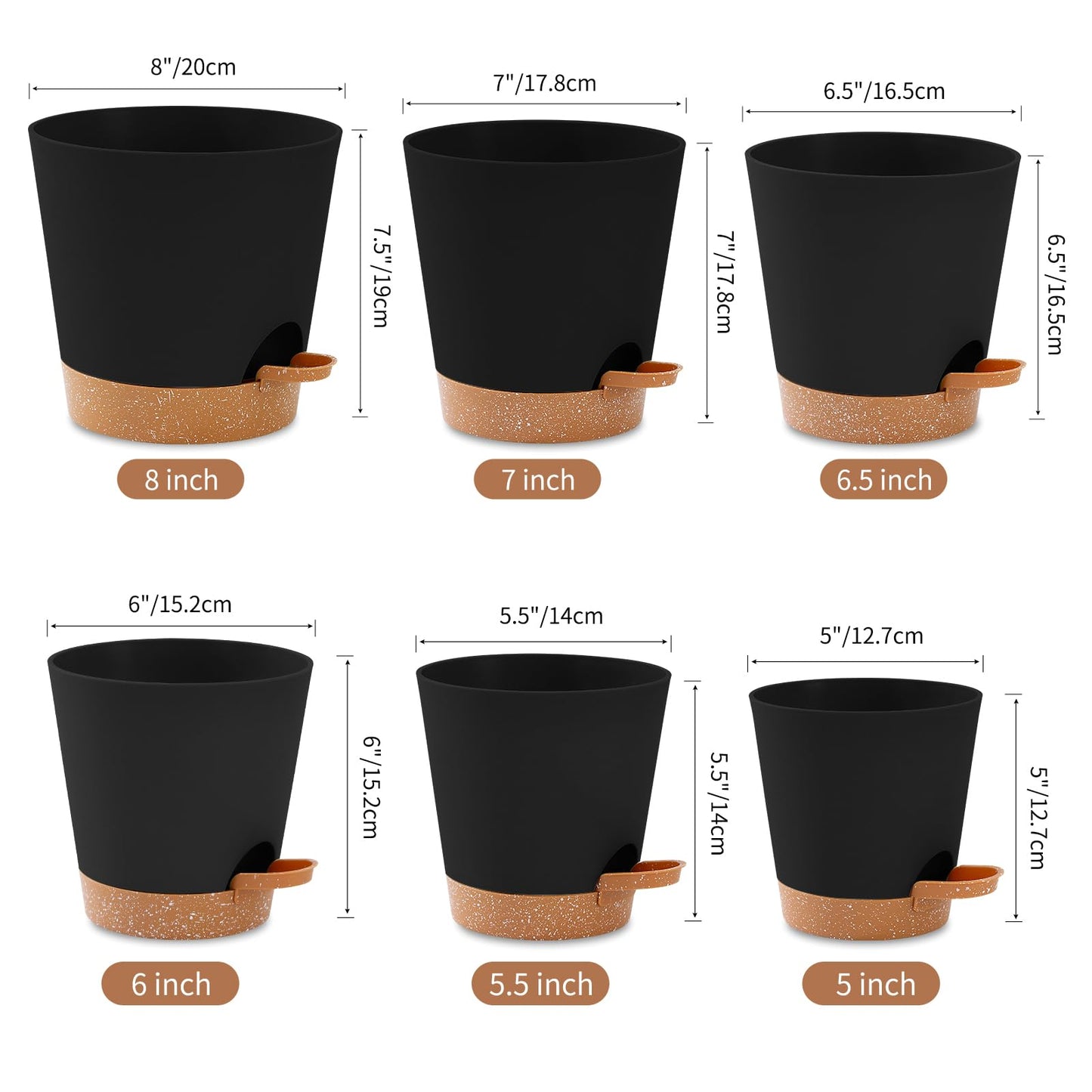 6 Pack Plant Pots Indoor 8/7/6.5/6/5.5/5 Inch Flower Pots Self Watering Planters for Indoor Plants with Drainage Hole Plastic Plant Pot for African Violet Cactus Flowers Succulents(Black)