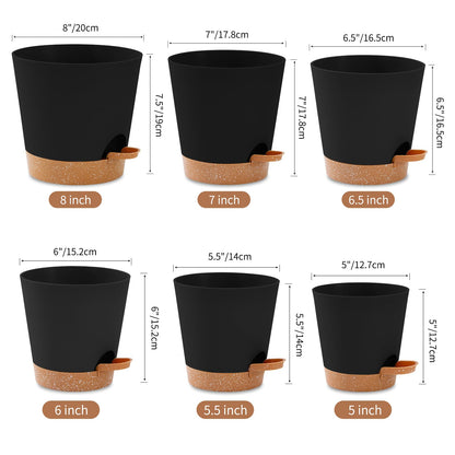 6 Pack Plant Pots Indoor 8/7/6.5/6/5.5/5 Inch Flower Pots Self Watering Planters for Indoor Plants with Drainage Hole Plastic Plant Pot for African Violet Cactus Flowers Succulents(Black)
