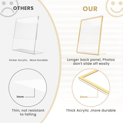 YOAEAILY Acrylic Gold Frames 8 x10, Slanted Back Gold Picture Frames Table Acrylic Sign Holder for Photos Wedding Table Numbers and Art Display with Removable Clear Sticky Dots