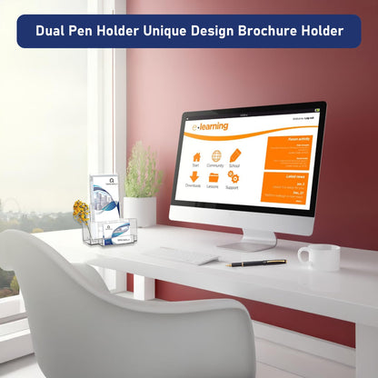QREIHLPY Acrylic Brochure Holder 2pcs, 4.7 Inch with Dual Pen Holders & Business Card Slot, Clear Display Stand for Countertop, Suitable for Pamphle, Magazines, Menus, Trifold Booklets