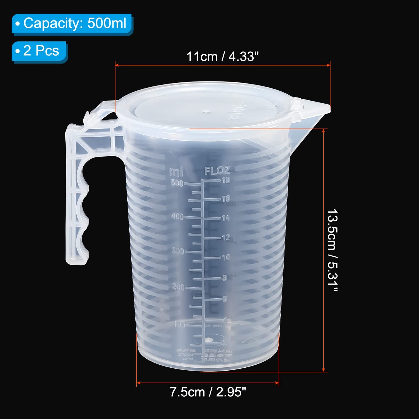 PATIKIL Graduated Beaker, 2 Pack 500ml PP Plastic Liquid Measuring Cup Double Sided Black Graduations with Handle Lid and Spout for Lab Kitchen Home