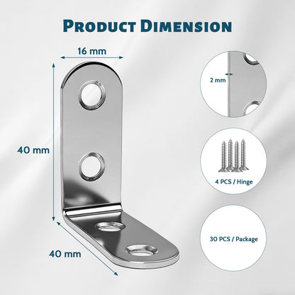 30 Pcs Heavy Duty Stainless Steel L Brackets, 1.57"x1.57" White Corner Braces, 90 Degree Right Angle Metal Brackets with Screws for Wood Furniture, Cabinets, Chairs, Tables, Shelves, DIY Projects