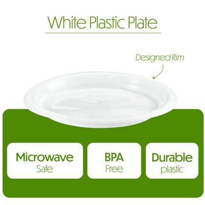 PLASTICPRO 100 PCS White Plastic Round 9 Inch Plastic plates Premium Quality Light Weight Disposable Dishes Dinner Plates for Parties Weddings