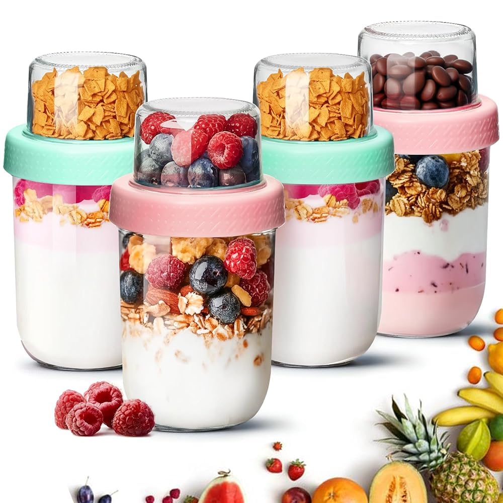 ComSaf Overnight Oats jars with Lids （16oz+4oz 4Pcs）, Dual-Laryer Chia Pudding Jars with Dry and Wet Separation, Yogurt Parfait Contianer for Oatmeal Cereal Nut Fruit, Meal Prep Glass Jars for Salad