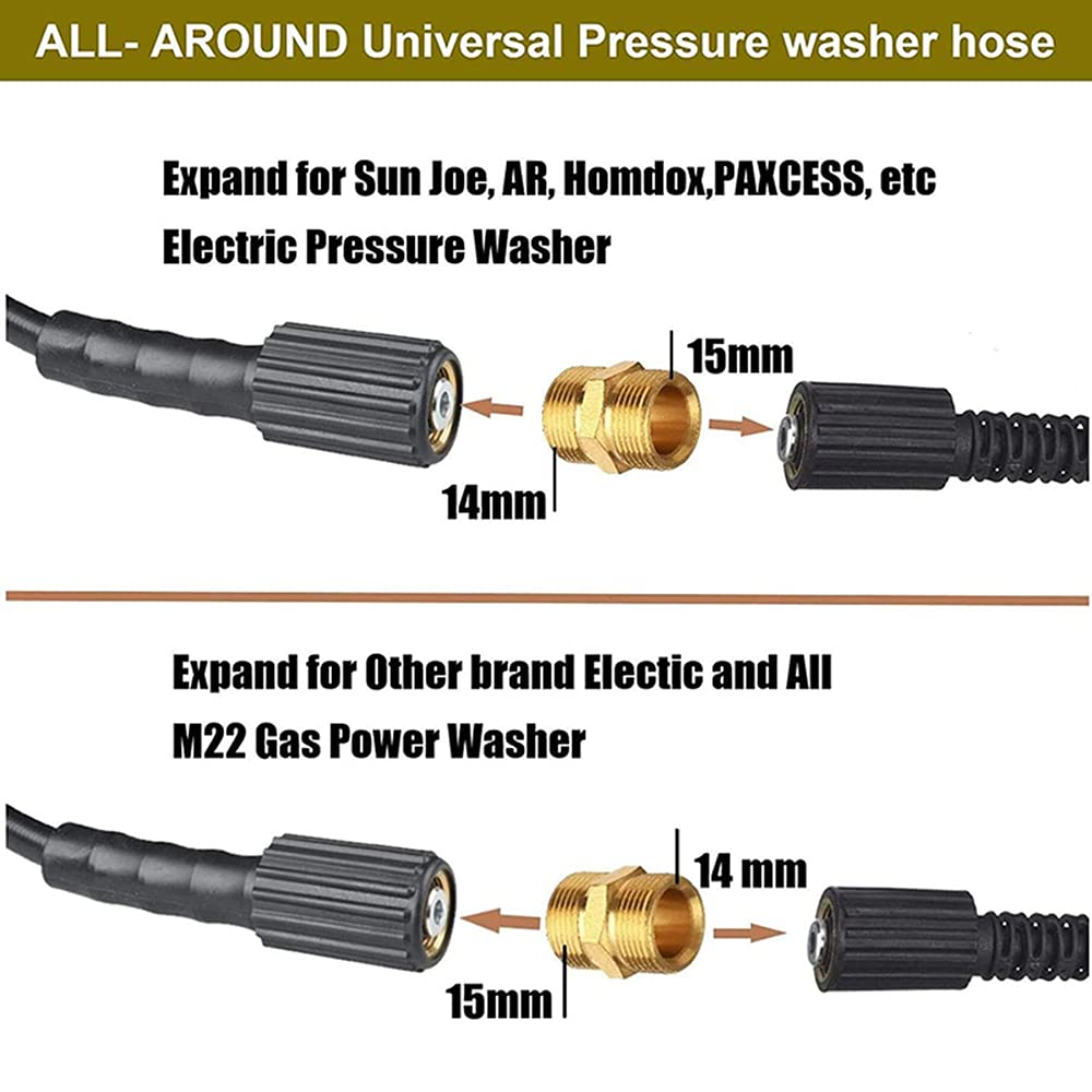 Pressure Washer Hose Coupler M22 Metric Male Thread Fitting M22 14mm to M22 15mm Adapter Solid Brass 4500 PSI Garden Hose Thread Male to Female Adapters (2 Pack)