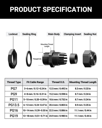 VCELINK 60Pcs IP68 Waterproof Cable Gland Kit - PG7/9/11/13.5/16/19 Thread, Adjustable for 3-18mm Cable Diameter, Black Nylon Cord Grip Connectors, Black