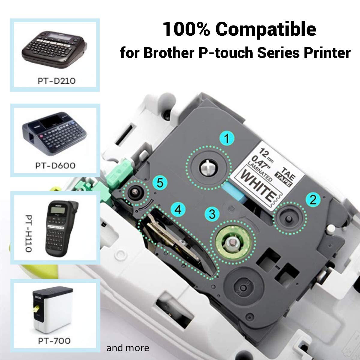 Compatible Tze 231 Tze-231 Label Tape Replacement for Brother Tape 12mm 0.47 Laminated Adhesive Black on White 8 Pack for Brother P Touch Label Maker PT-D210 PT-H110 PT-D600 PT-1230PC PT-1280