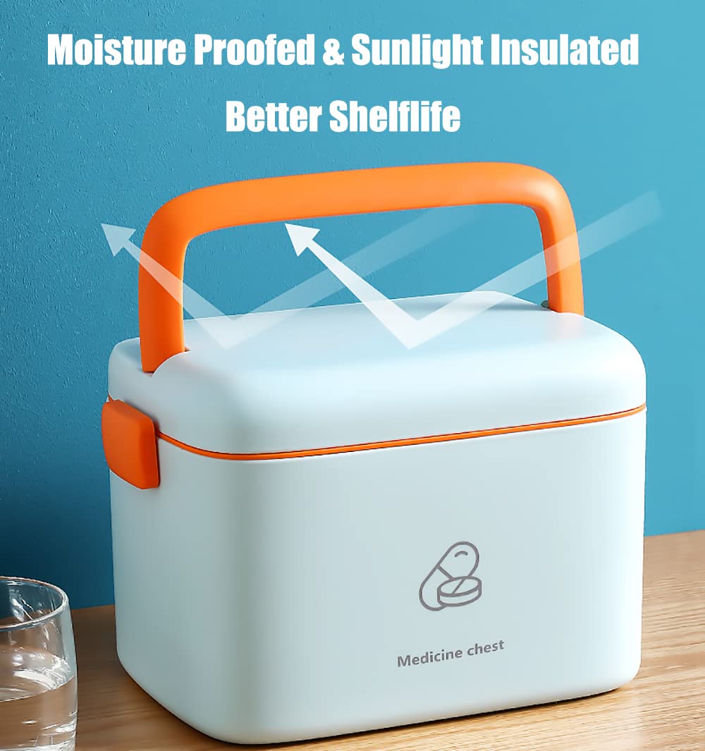 FOREVERIE Airtight Portable Small Medicine Storage Box with an Internal 2 Grid Tray, Family Essential Handled Empty Car First Aid Box, Household Emergency Box (Blue-Orange)