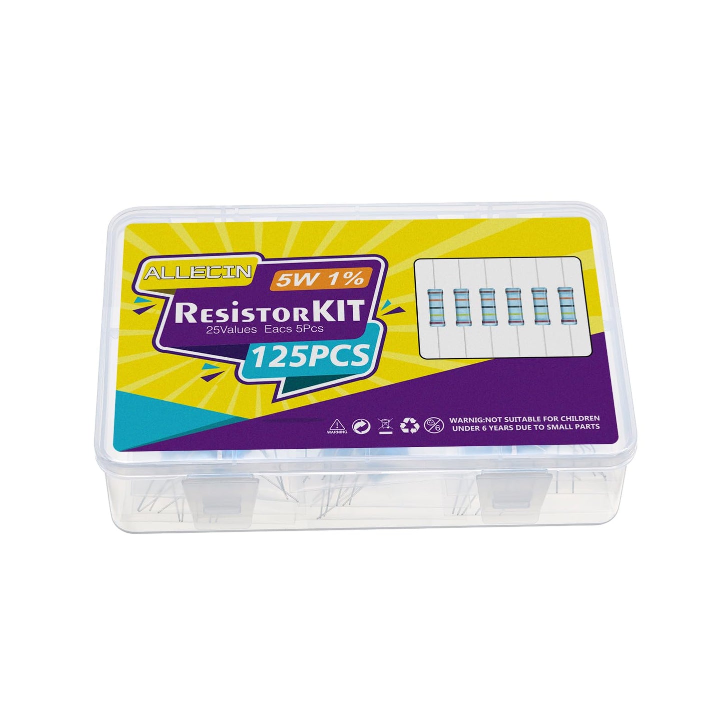 ALLECIN 5W Metal Film Resistor Kit from 1 Ohm to 1M Ohm 25 Values 5 Watt 1% Resistors Assortment