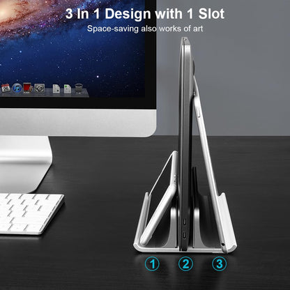VAYDEER Vertical Laptop Stand Holder Adjustable Desktop Notebook Dock Space-Saving Three-in-one for All MacBook Pro Air, Mac,HP, Dell, Microsoft Surface,Lenovo, up to 17.3 inch Silver