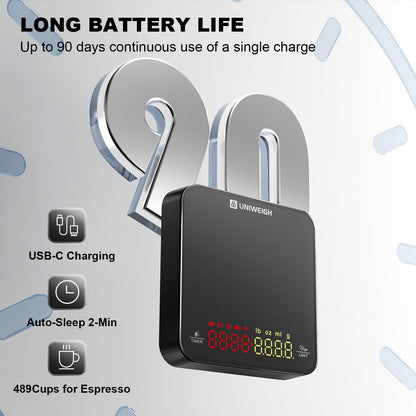 UNIWEIGH Mini Coffee Scale with Timer,Rechargeable Espresso Scale,2kg/0.1g Precision Scale for Espresso and Pour-Over Coffee, Portable Digital Kitchen Scale with Automatic Timing,Black