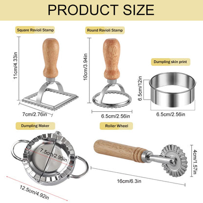 Ravioli Stamp Maker Pasta Cutter Set of 5, Ravioli Mold with Wooden Handle and Fluted Edges, Pasta Press Wheel Pasta Maker Tools for Making Dumplings, Pierogi (Silver+Wood)