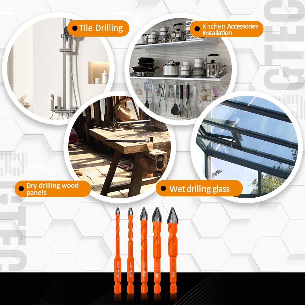BGTEC High Hardness Skewed Head Eccentric Drill Bits Set-10pcs 5MM*2+6MM*4+8MM*2+10MM+12MM Carbide-Tipped Crooked Drill bit for Wood Plastic Masonry Ceramic Tile Glass Concrete Marble Brick