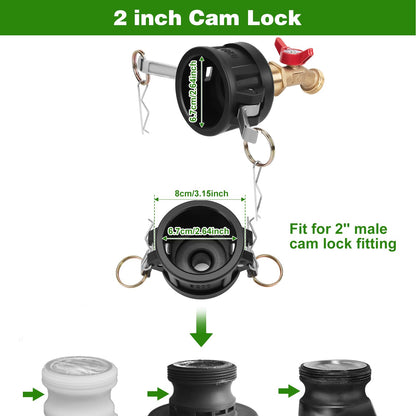WADEO 330 275 Gallon IBC Tote Fittings, IBC Tote Adapter 2 inch Cam Lock for Garden Hose 3/4 inch Outlet, with Valve Control 2 Hose Adapters and Seal