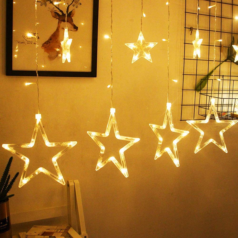 12 Stars 138 LED Curtain Lights, Christmas Outdoor Decor Window Curtain String Lights with 8 Flashing Modes Ramadan Decoration for Christmas, Wedding, Party, Home Bedroom Decorations (Warm White)