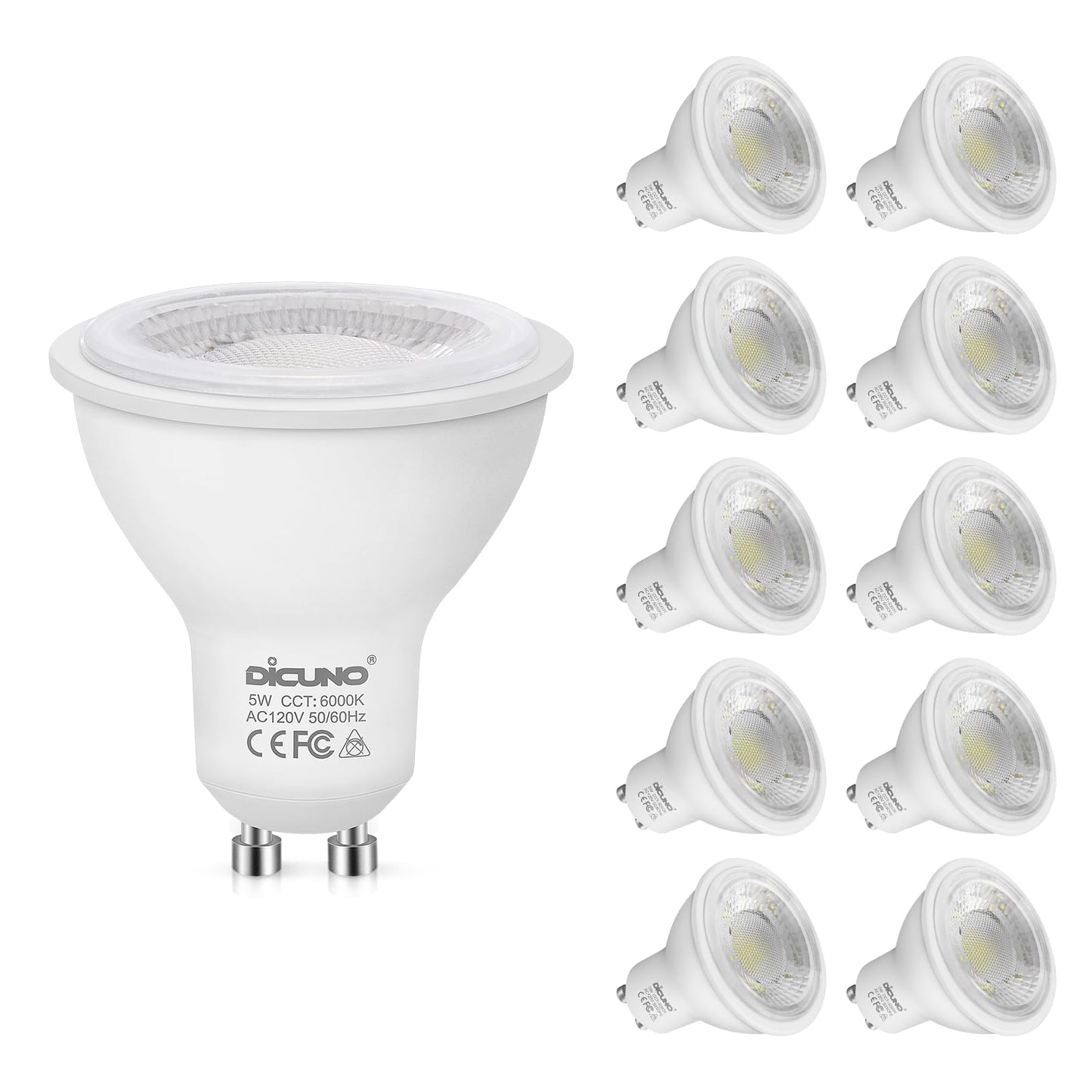 DiCUNO GU10 LED Bulbs, 6000K Daylight White, 5W (50W Equivalent) 500lm, Non-Dimmable MR16 Spotlight Bulbs, GU10 Base for Track & Recessed Lighting, 10-Pack