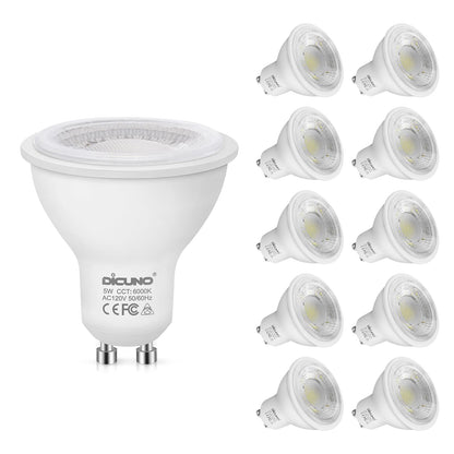 DiCUNO GU10 LED Bulbs, 6000K Daylight White, 5W (50W Equivalent) 500lm, Non-Dimmable MR16 Spotlight Bulbs, GU10 Base for Track & Recessed Lighting, 10-Pack