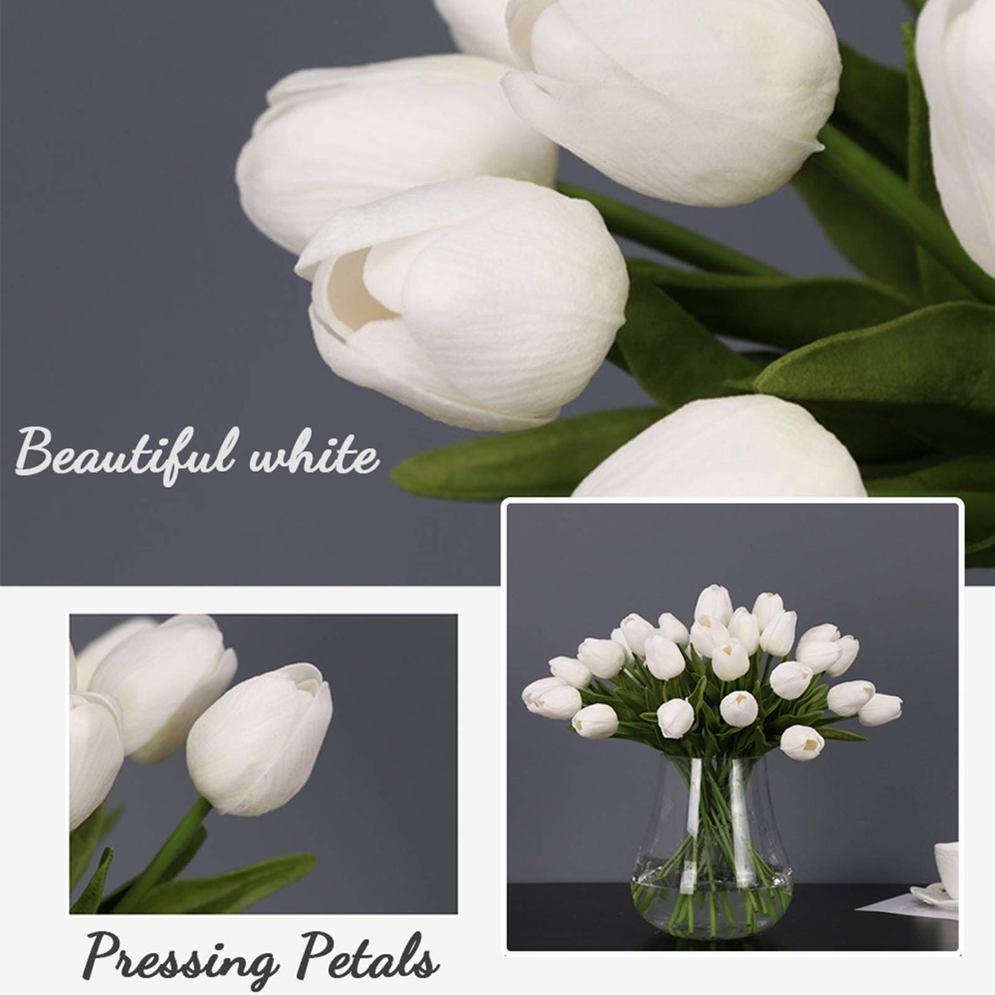 Artificial Flowers 30pcs Bouquet 14" Tall Real Touch Tulips, White PU Fake Tulips Flowers for Arrangement Wedding Party or Easter Spring Home Centerpiece Dining Room Office Table Decoration