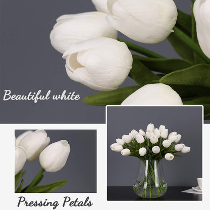 Artificial Flowers 30pcs Bouquet 14" Tall Real Touch Tulips, White PU Fake Tulips Flowers for Arrangement Wedding Party or Easter Spring Home Centerpiece Dining Room Office Table Decoration