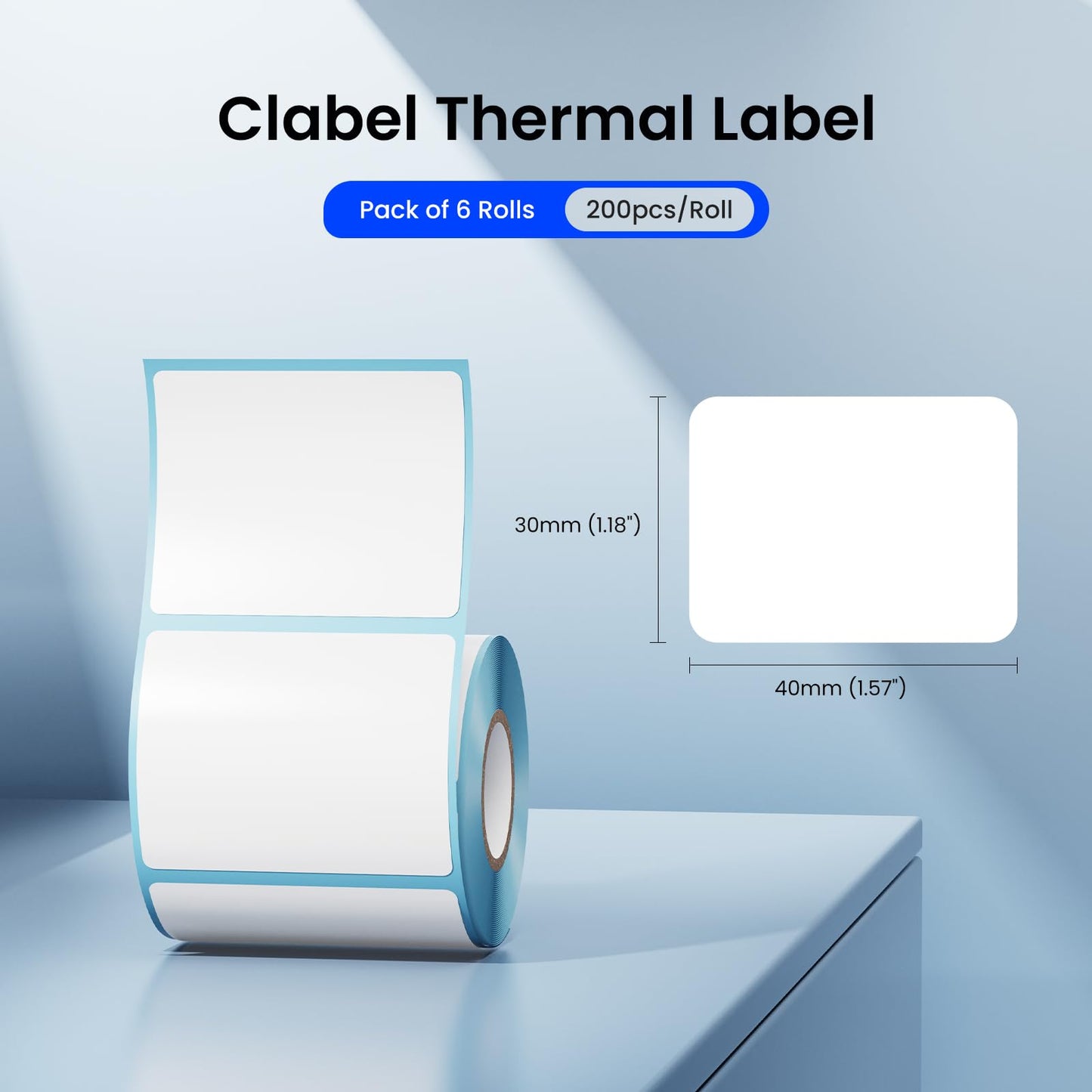 CLABEL Label Maker Tape for 220B/221B/230B Label Maker Thermal Label Roll Label Maker Paper Clear Label Waterproof Sticker Printer Paper (1.57'' x 1.18''(40 x 30mm)) 6 Rolls, Black on White