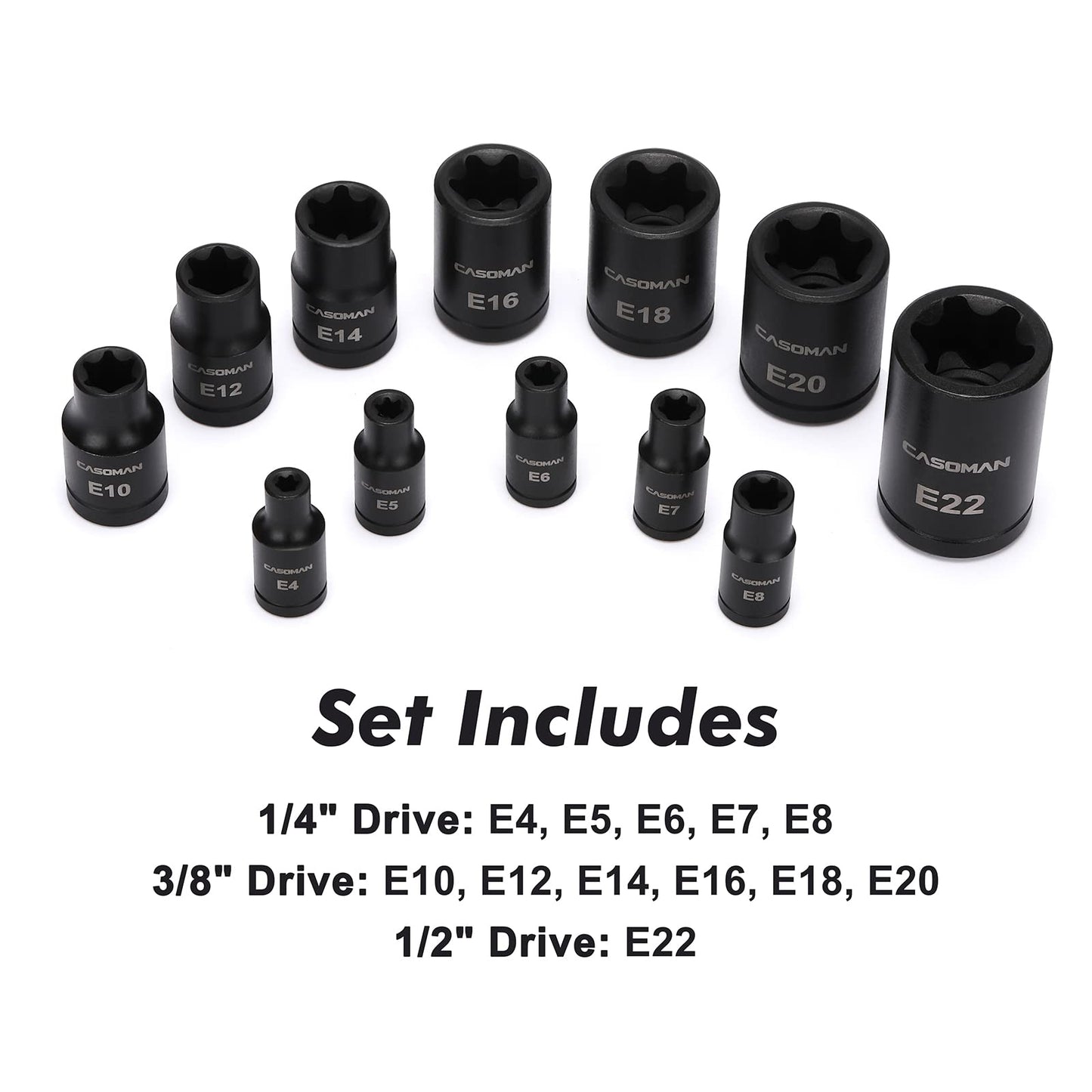 CASOMAN 25 Piece Torx Bit Socket and Female External Socket Set, 13 Star Socket Bits (T8- T60)& 12 Female E-Torx Sockets (E4-E22)