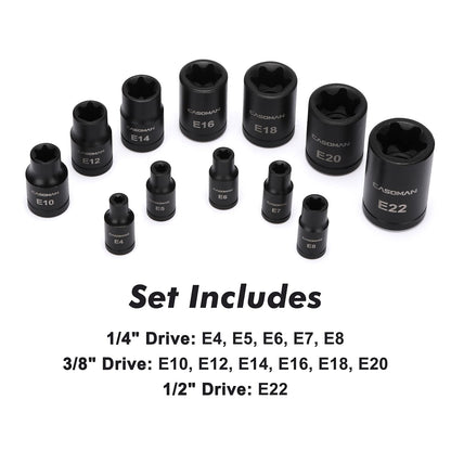CASOMAN 25 Piece Torx Bit Socket and Female External Socket Set, 13 Star Socket Bits (T8- T60)& 12 Female E-Torx Sockets (E4-E22)