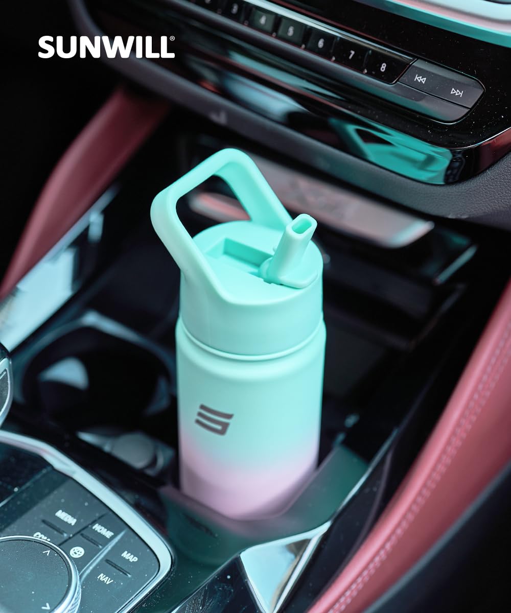 SUNWILL Metal Water Bottle with Straw 22 oz, Stainless Steel Insulated Flask for Cold and Hot Drink, Travel, Sports, Gym, Powder Coated Gradiant Mint and Sakura