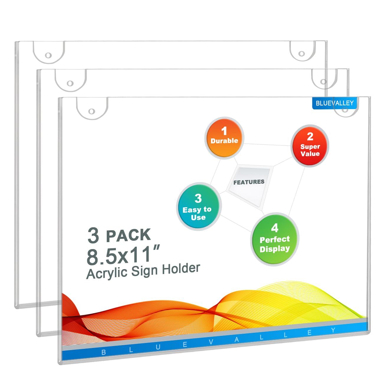 BlueValley 3 Pack Horizontal Acrylic Sign Holder 8.5 x 11 inch - Wall Mount Clear Plexiglass Flyer Sign Stand Plastic Poster Ad Picture Frame with Mounting Tape & Screw for Office Store Public Places