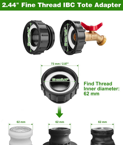 WADEO IBC Tote Adapter, IBC Tote Fittings 1/2" Male NPT Inlet 3/4" GHT Male Garden Hose Quick Connector Outlet Brass Ball Valve Faucet with 60 62mm Female Fine Thread with for Garden Hose Connector