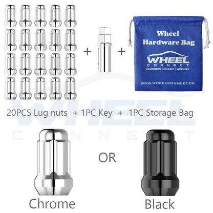 WHEEL CONNECT Spline Lug Nuts, Acorn for Conical Seat. 12X1.5, Thread, Set of 20 with 1 Key and 1 Storage bag, for Aftermarket Custom Tuner Wheel, Black Finish.M 12 x 1.50