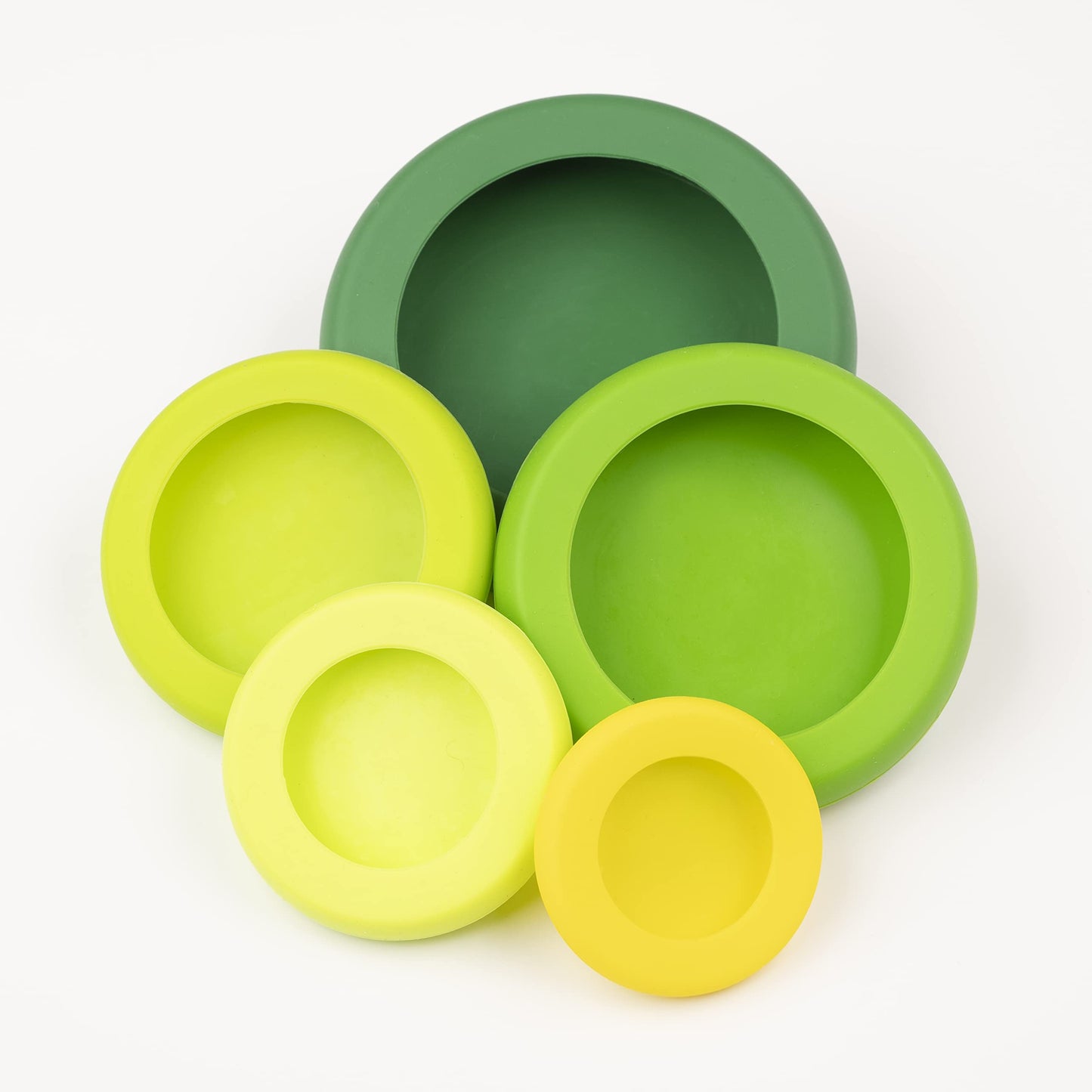 Food Huggers 5pc Reusable Silicone Food Savers | BPA Free & Dishwasher Safe | Fruit & Vegetable Produce Storage for Onion, Tomato, Lemon, Banana, Cans & More | 5 Pack Round, Fresh Greens