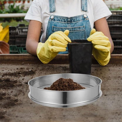 Veemoon Stainless Steel Garden Soil Sieve. Soil Classifier Sifter Round Planter Sand Screen Pan - 2mm Mesh Sifter Pan for Potting Compost and Sand Rock Sifting Filtration (9.8 Inch)