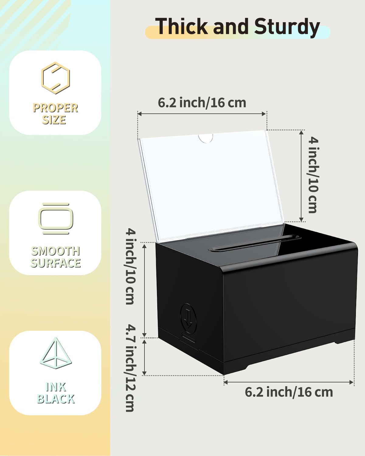 Uniclife 2 Pack 6.2" x 4.7" x 4" Acrylic Donation Boxes Suggestion Box with Slot and Lock for Voting Charity Tip Collection Black Plastic Ballot Boxes with Sign Holder Storage Container