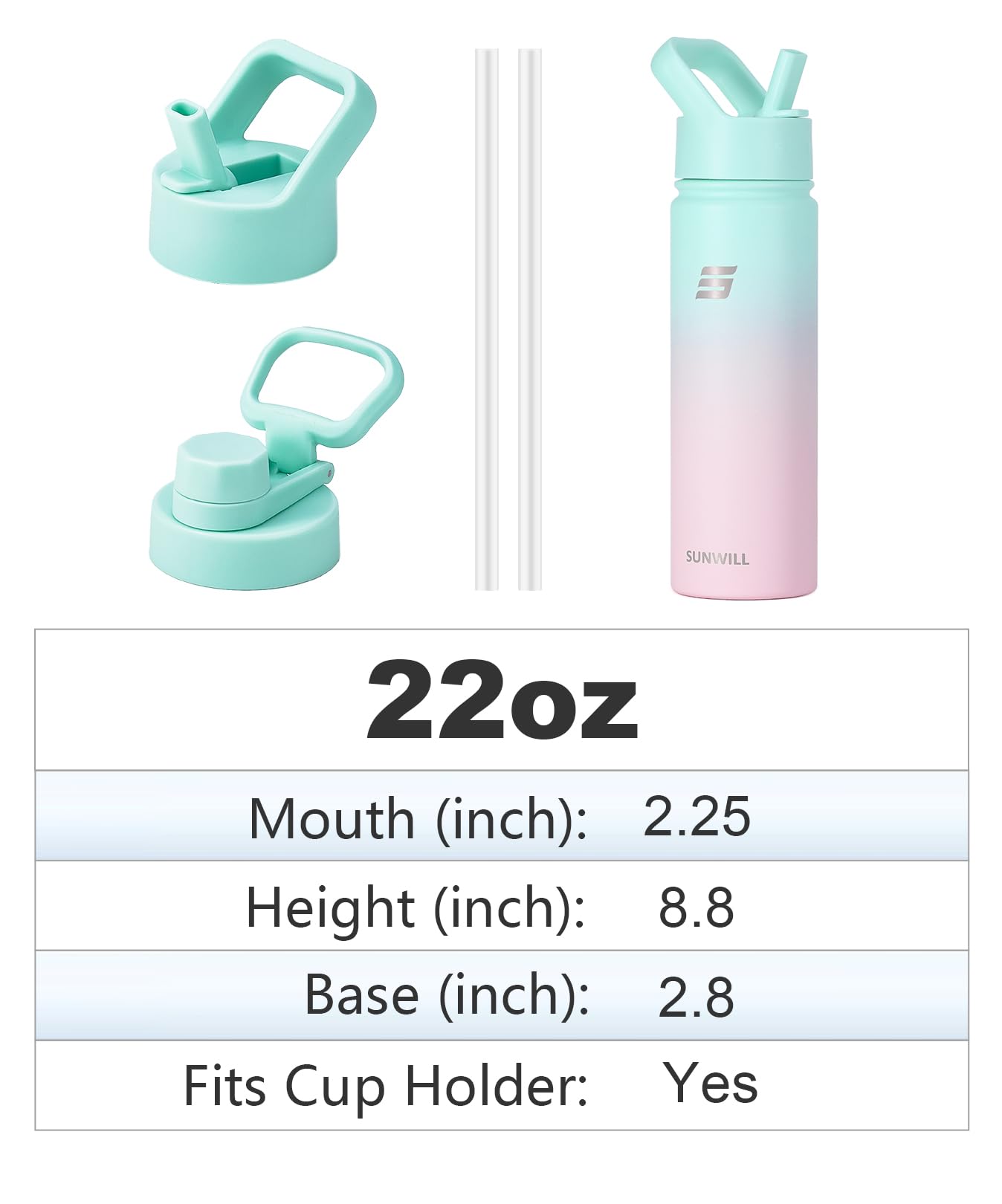 SUNWILL Metal Water Bottle with Straw 22 oz, Stainless Steel Insulated Flask for Cold and Hot Drink, Travel, Sports, Gym, Powder Coated Gradiant Mint and Sakura