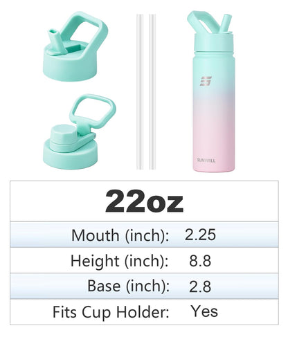 SUNWILL Metal Water Bottle with Straw 22 oz, Stainless Steel Insulated Flask for Cold and Hot Drink, Travel, Sports, Gym, Powder Coated Gradiant Mint and Sakura